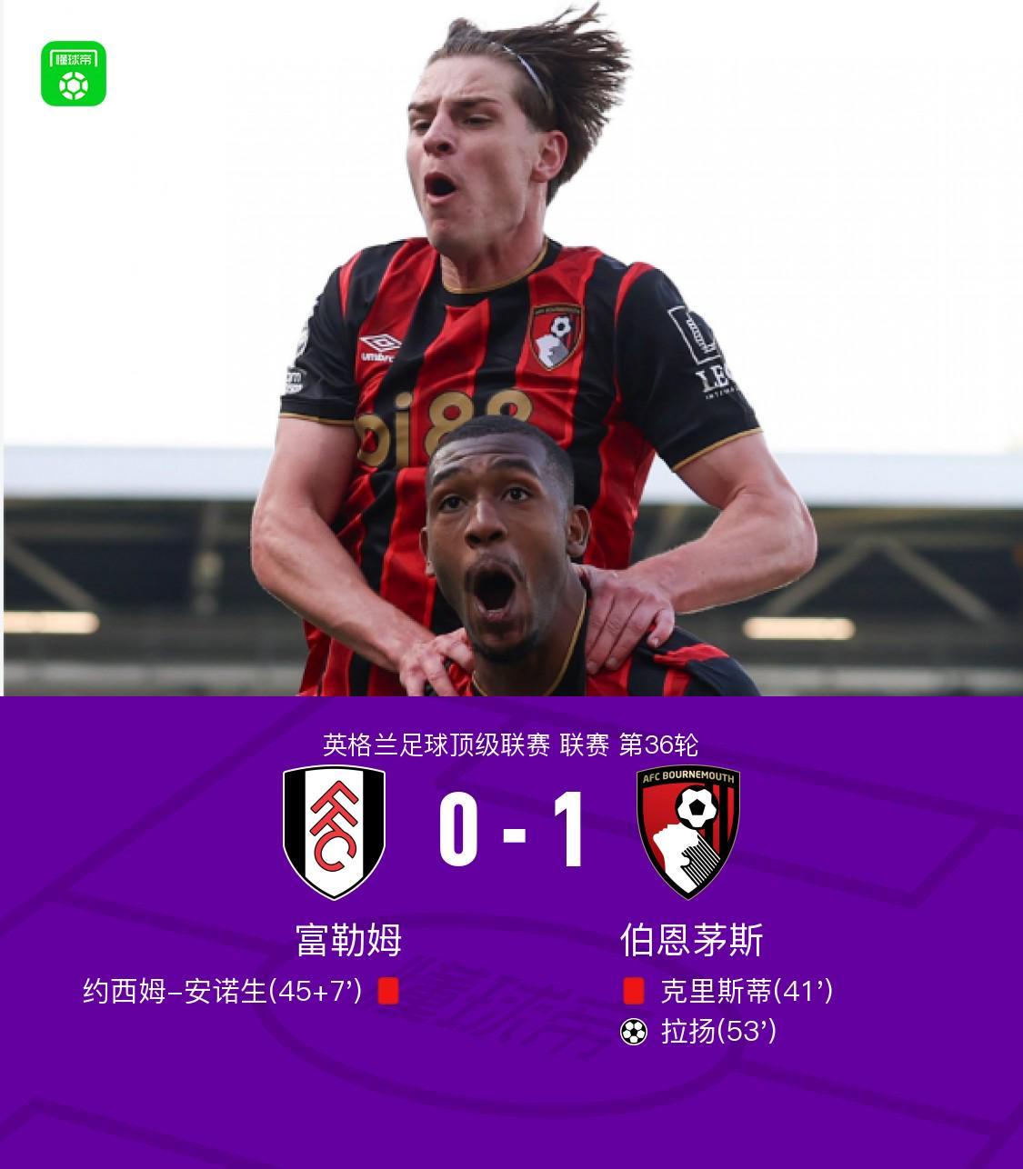 爱奇艺足球-富勒姆0-1伯恩茅斯，拉扬世界波，克里斯蒂、安诺生先后染红