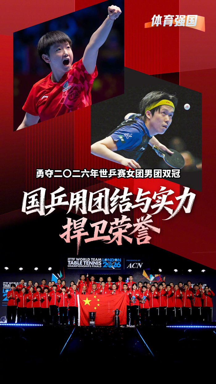 国乒包揽2026世乒赛男女团冠军，孙颖莎王楚钦全胜夺最佳|中国乒乓球队|乒乓|世界乒乓球锦标赛|斯韦思林杯|考比伦杯_新浪体育_新浪新闻